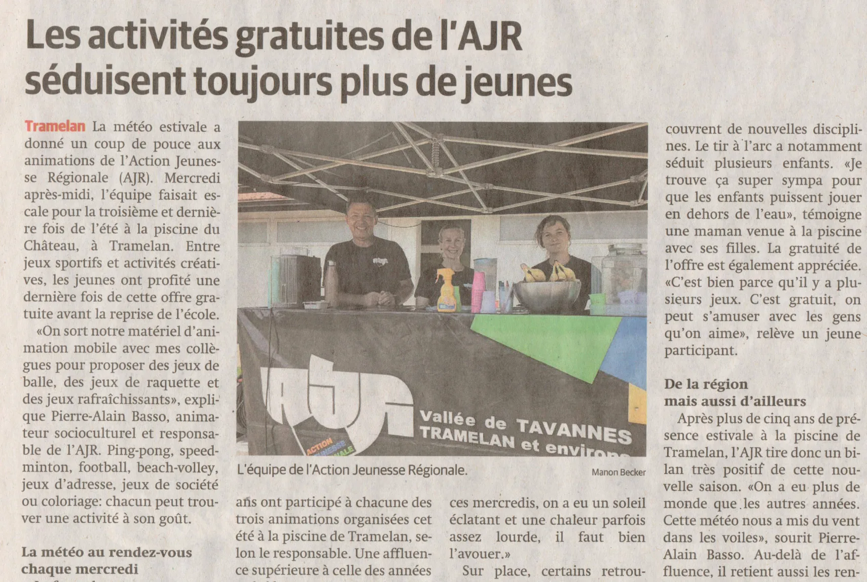 Article du Journal du Jura du 14 août 2026 sur les activités de l'AJR à la piscine de Tramelan